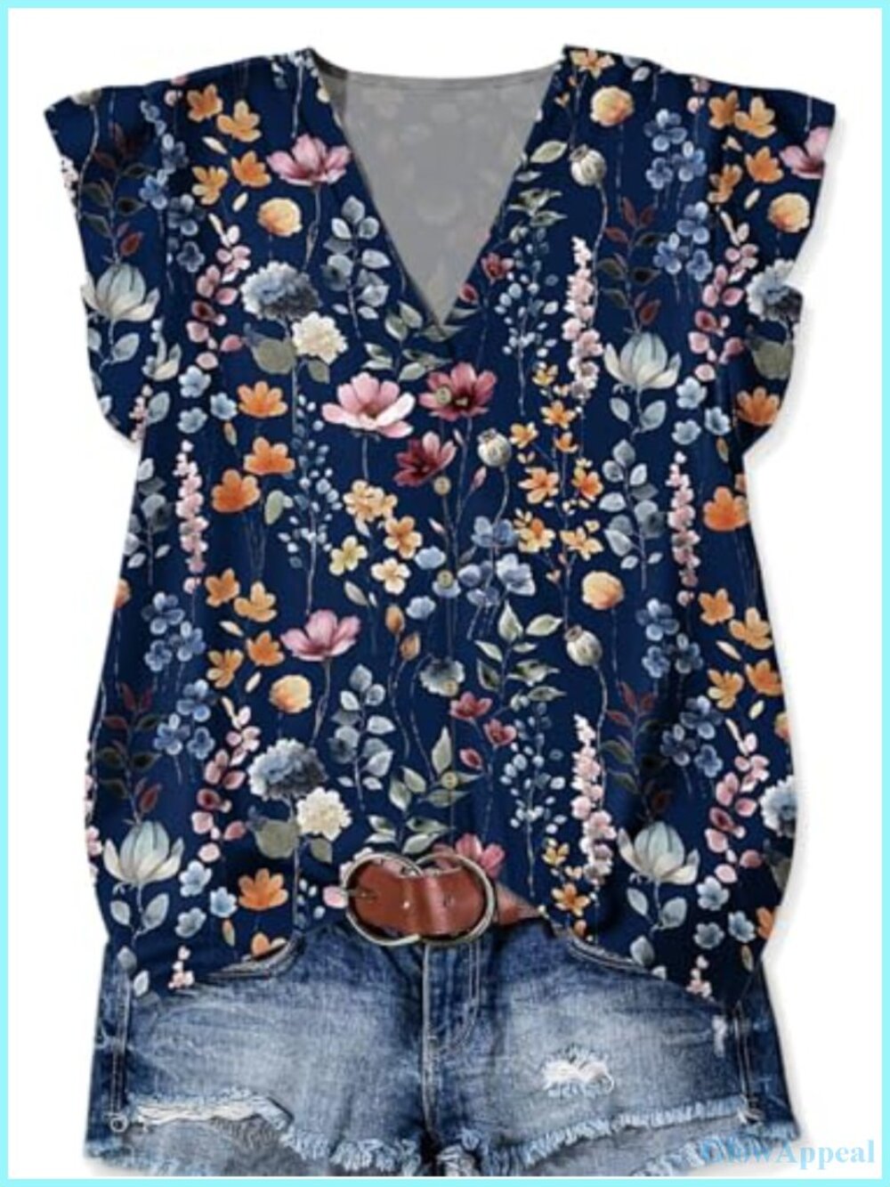 Womens Summer Tunic Blouse V Neck Ruffle Sleeve Floral Dressy Casual Top
